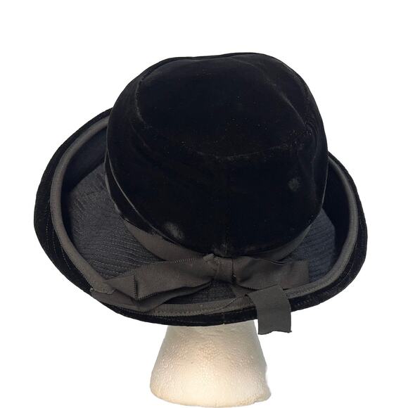 Vintage Patricia Velvet Large Rolled Brim Black Hat Grosgrain Ribbon Size 22 - Picture 9 of 10